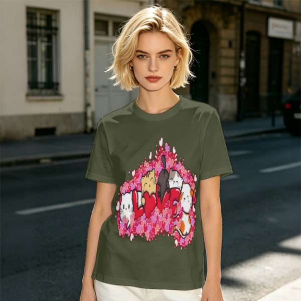 Olive green t-shirt with cute cats and love hearts graphic