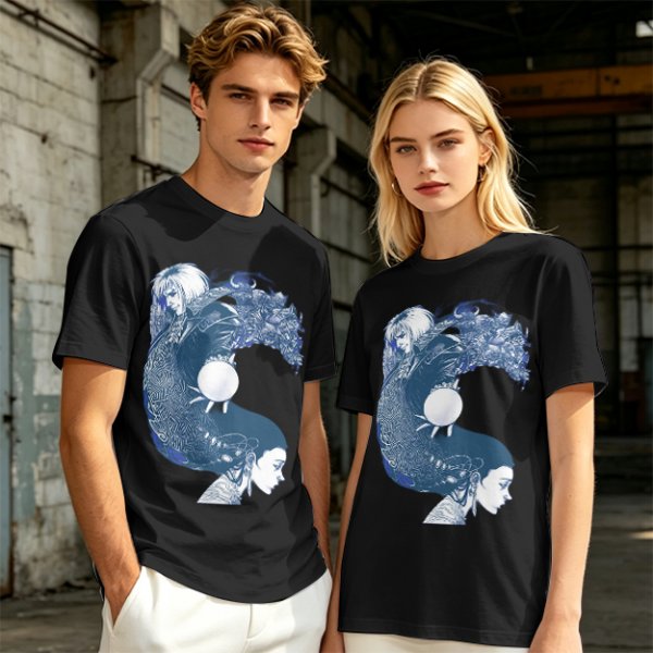 Olive T-Shirt With Two Facing Fantasy Figures And Orb Art Print