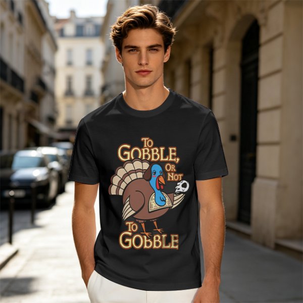 Thanksgiving turkey t-shirt with 'To Gobble Or Not To Gobble' design