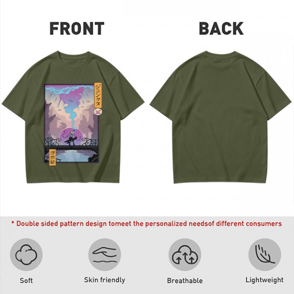 Olive T-shirt with Cyberpunk City Bridge Character Art Print