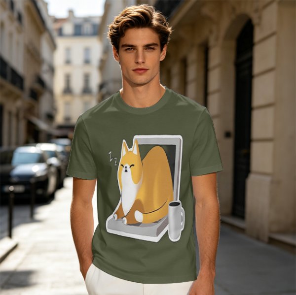 Olive T-Shirt with a Sleeping Cat on a Laptop Print