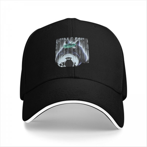 Black baseball cap with Totoro rainy forest graphic print