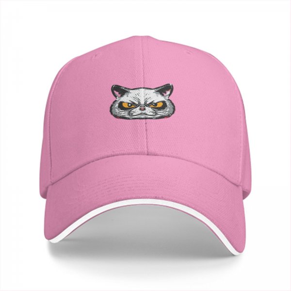 Black Baseball Cap With Grumpy Angry Cat Face Graphic