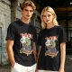 Olive T-shirt with cartoon T-Rex holding small dinosaurs and RAWR text