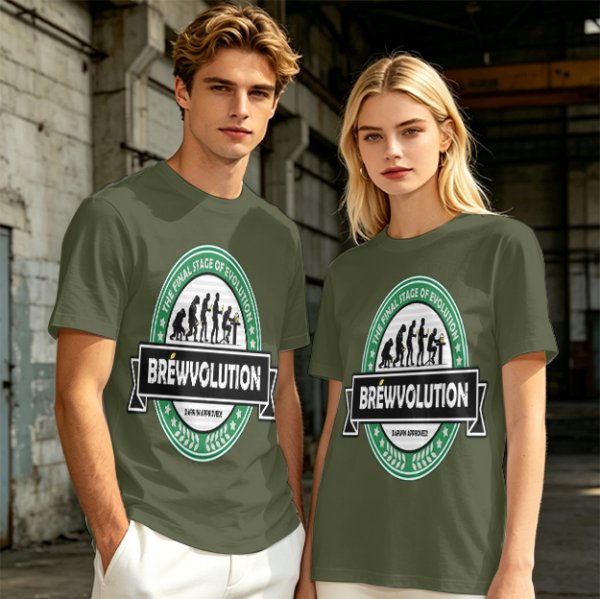 Olive t-shirt with 'Brewvolution' beer evolution graphic design