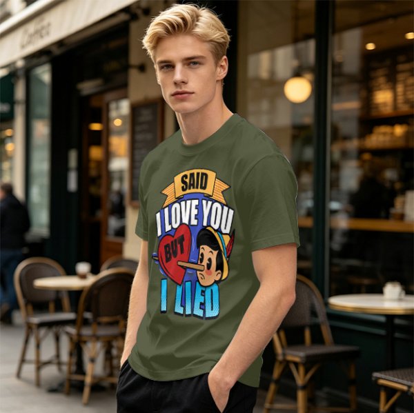 Olive t-shirt with Pinocchio 'Said I Love You But I Lied' print