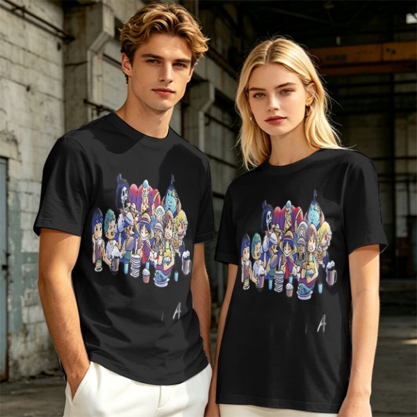 Olive T-Shirt with Anime Character Group Coffee Print