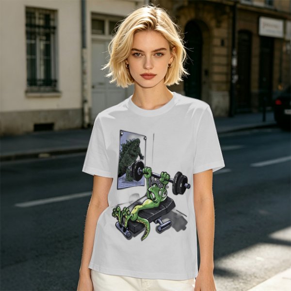 Olive T-shirt with cartoon lizard bench pressing weights in gym mirror