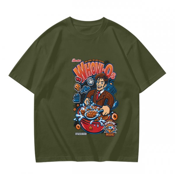 Olive green t-shirt with Doctor Who themed Whovio's cereal graphic