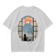 Olive T-shirt with Black Cat Viewing Mount Fuji Sunrise Art