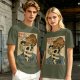 Olive t-shirt with a skull ramen bowl and a napping tabby cat print
