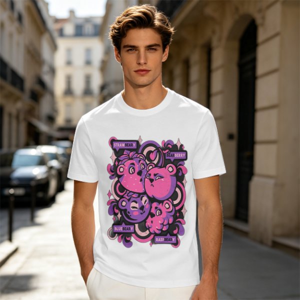 Olive T-shirt with playful bear-fruit graphic print