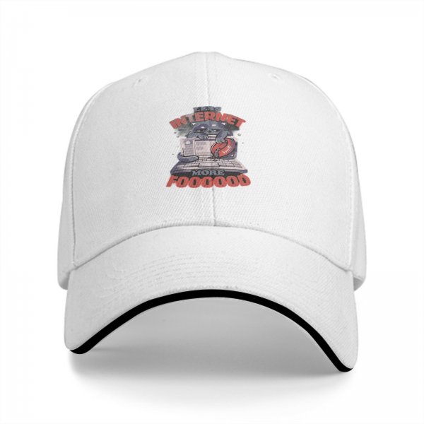 Black baseball cap with 'Less Internet More Food' cat laptop print