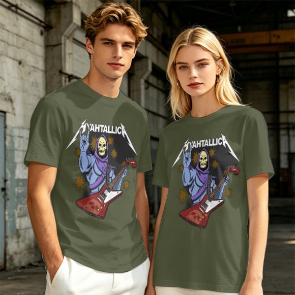 Olive T-Shirt With Skeletor Rock Guitarist Graphic Print