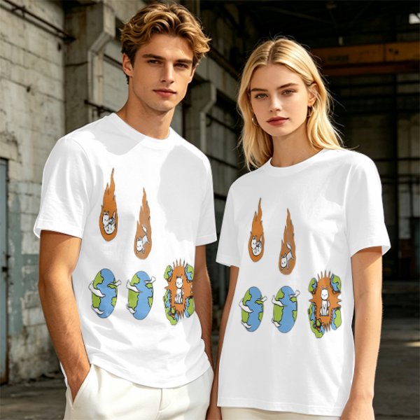 Olive Graphic Tee With Falling Cat Comets And Earth Artwork