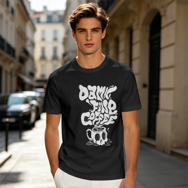 Olive Graphic T-Shirt With 'Damn Fine Coffee' Skull Mug Print