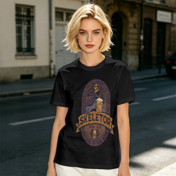 Olive green t-shirt with Skeletor Evil Ale beer graphic