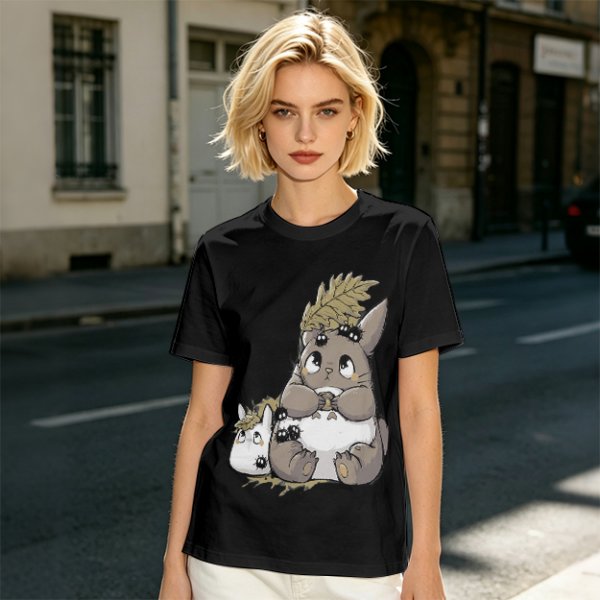 Olive T-Shirt With Cute Totoro And Soot Sprite Anime Print