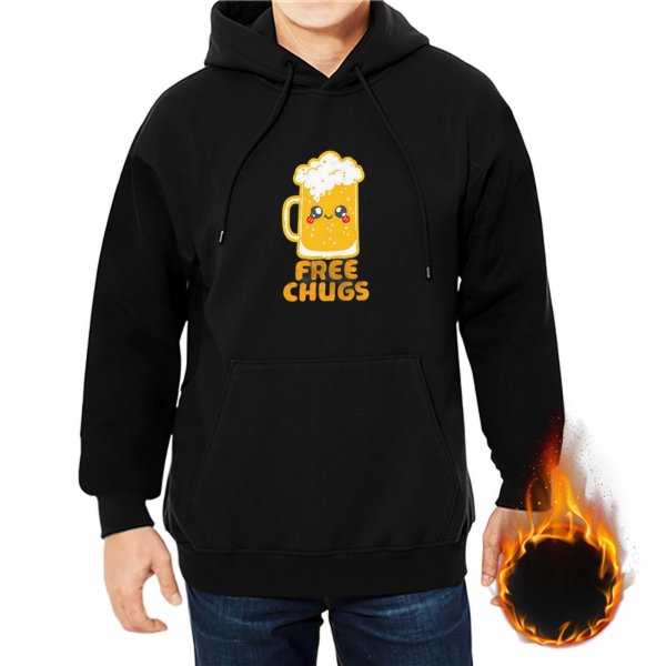 Black hoodie with cute beer mug graphic and 'FREE CHUGS' text