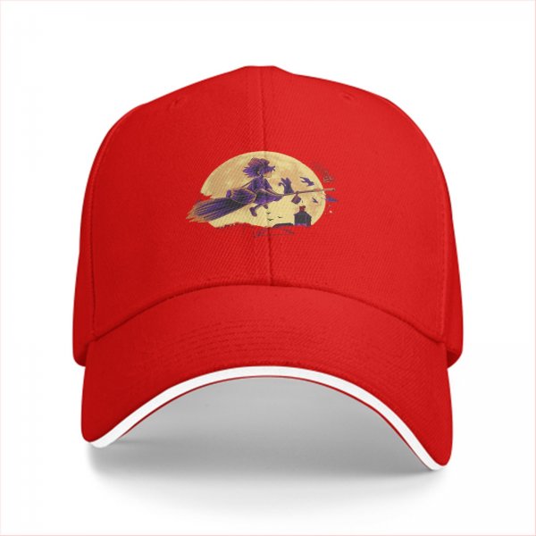 Black Baseball Cap With Witch Riding Broom Full Moon Halloween Art