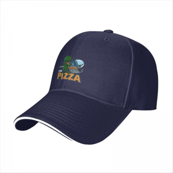 Black baseball cap with alien eating pizza and 'FOR PIZZA' text