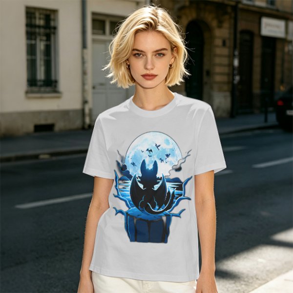 Olive T-Shirt Featuring Dragon Silhouette Under Full Moon