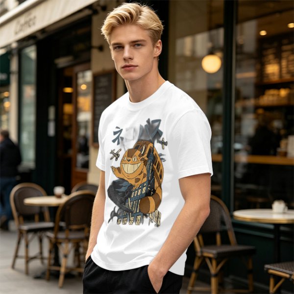 Olive T-shirt with giant cat bus monster and vintage planes graphic
