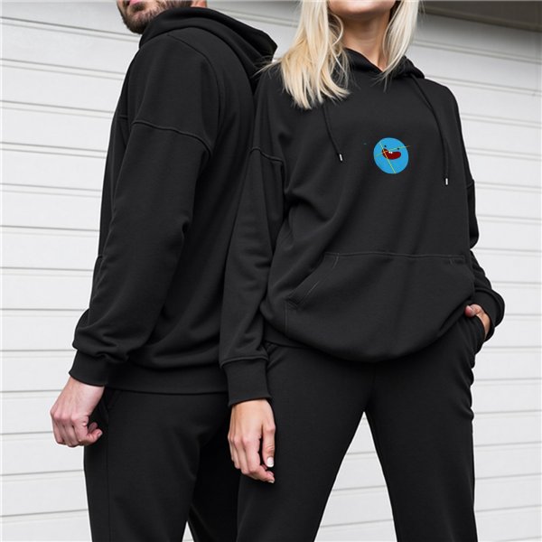 Black Hoodie With Cute Blue Cartoon Face Graphic