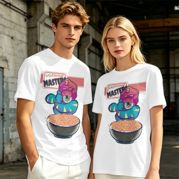 Olive T-Shirt With Cartoon Monster Cereal Bowl Graphic And Eternal Masters Text