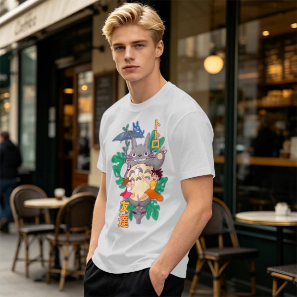 My Neighbor Totoro Graphic T-Shirt with Anime Characters and Leaves