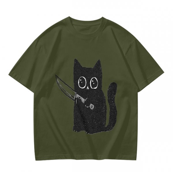 Olive T-Shirt With Cute Black Cat Holding Knife Graphic