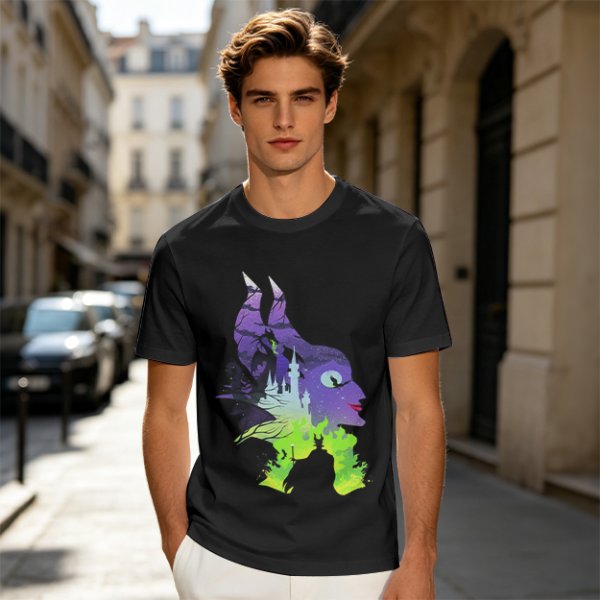 Olive green t-shirt with Maleficent fantasy silhouette graphic