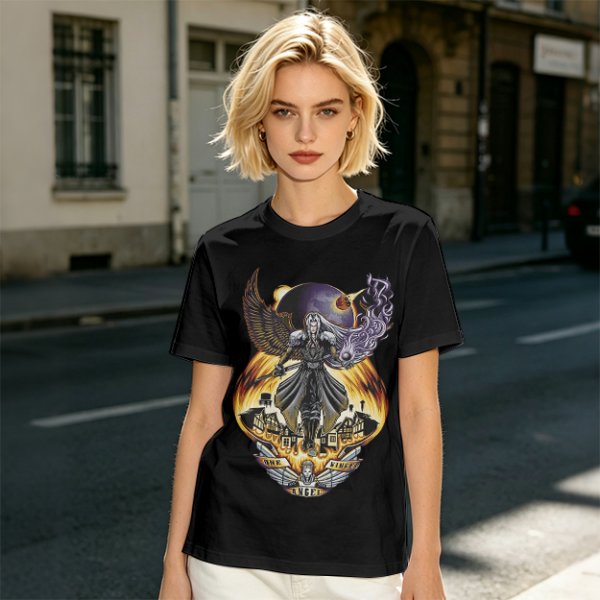 Olive T-shirt with dark fantasy winged warrior graphic print