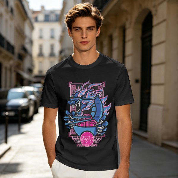 Olive T-Shirt With Neon Blue Dragon Holding Ramen Chopsticks Art