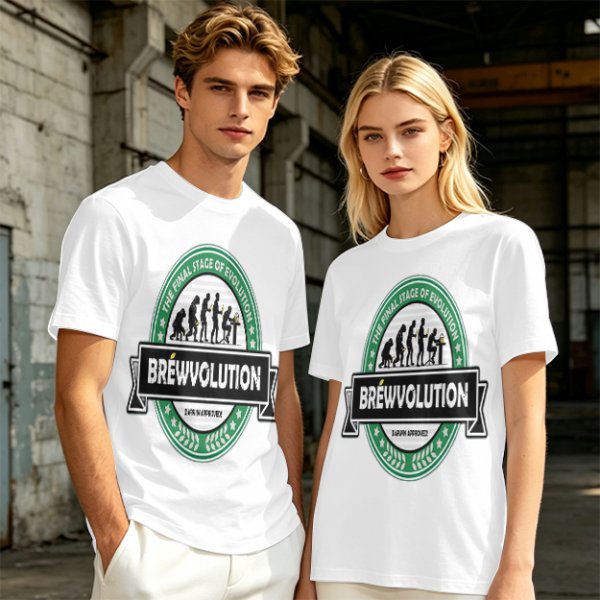 Olive t-shirt with 'Brewvolution' beer evolution graphic design