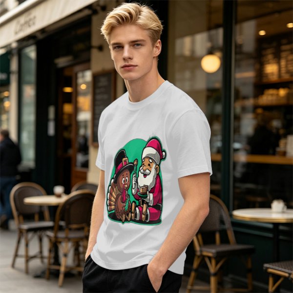 Olive T-Shirt with Santa and Thanksgiving Turkey Graphic