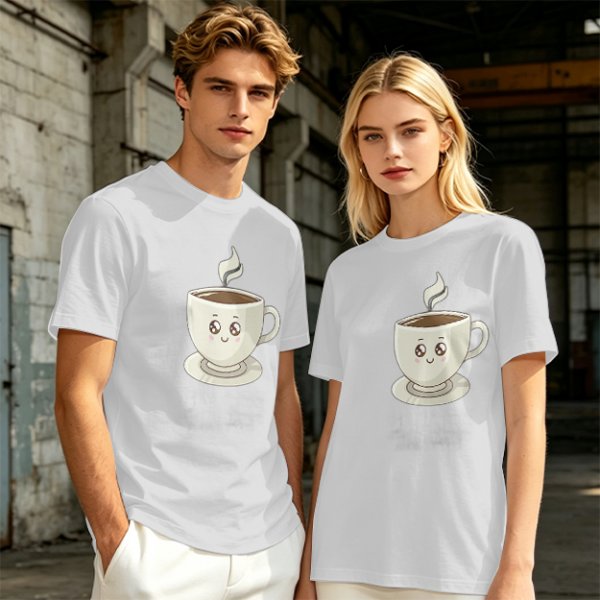 Olive Green T-Shirt With Cute Smiling Steaming Coffee Cup Print