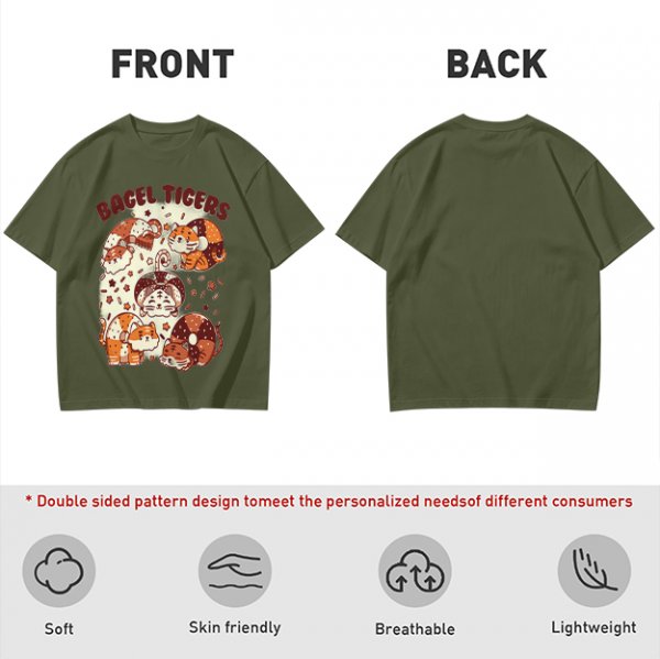 Olive Green T-Shirt With Cute Bagel Tigers Graphic Print