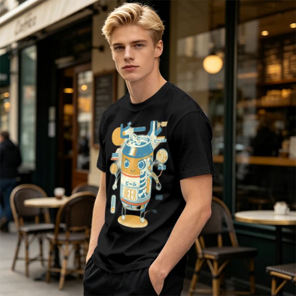 Olive T-Shirt With Kawaii Beer Can Robot Graphic