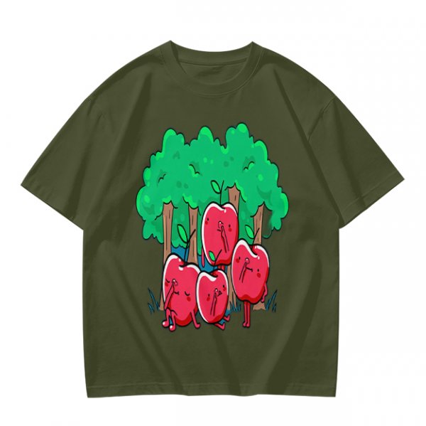 Olive T-Shirt With Cartoon Anthropomorphic Apples In Forest Print