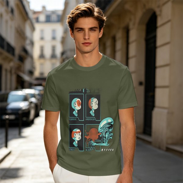 Olive Graphic Tee With Alien Stress Headache Themed Art