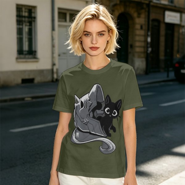 Olive Green T-Shirt With Black Cat Peeking From Knight Helmet Art