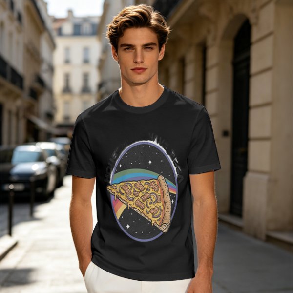 Olive t-shirt with space pizza graphic and Houston have pizza text