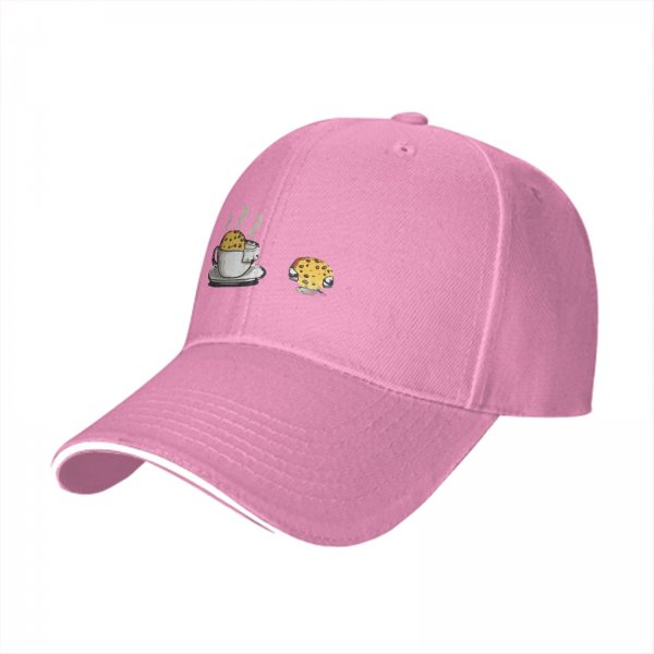 Black Baseball Cap with Coffee and Cookie Graphic Design