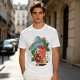 Olive green graphic t-shirt with caffeine team coffee cup and bean illustration