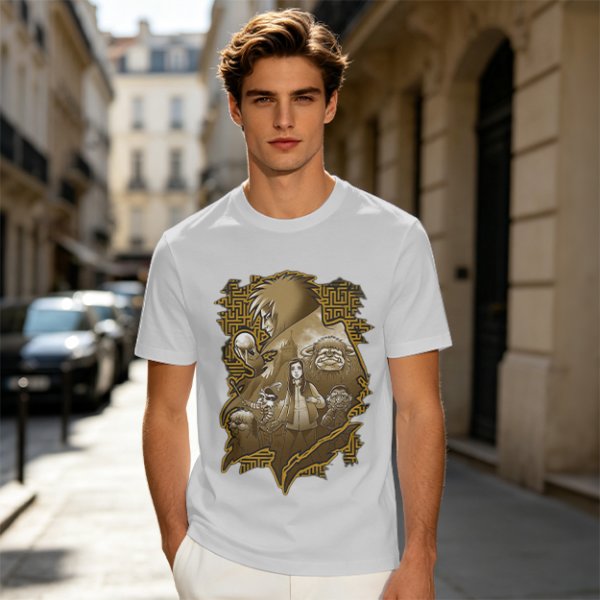 Olive T-Shirt with Fantasy Character Group Graphic Print