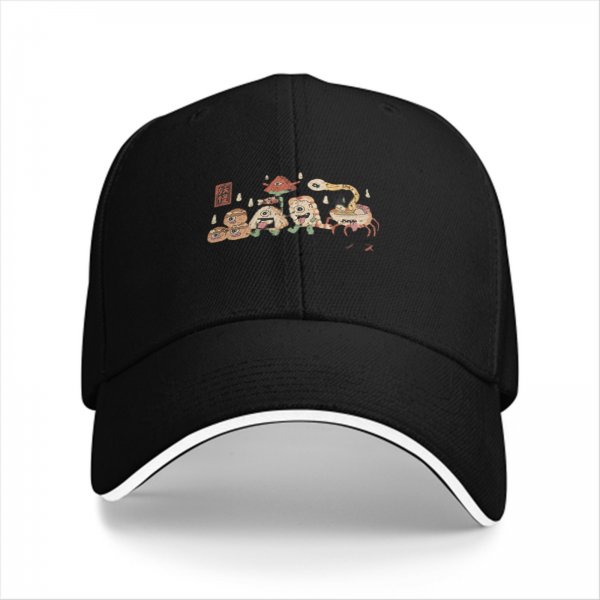 Black Baseball Cap With Whimsical Eyed Monster Creature Artwork