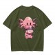 Olive T-Shirt With Cute Axolotl Holding Hot Drink Print