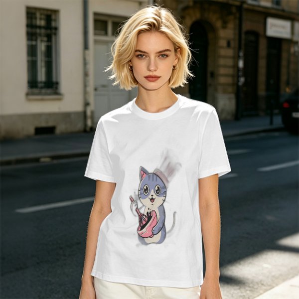 Olive Green T-Shirt With Cute Chef Cat Mixing Batter Print