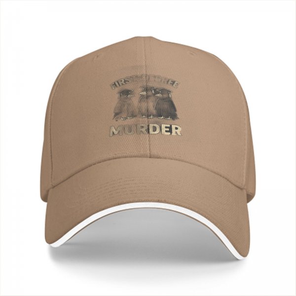 Black baseball cap with 'First Three Murder' and graduation penguins graphic